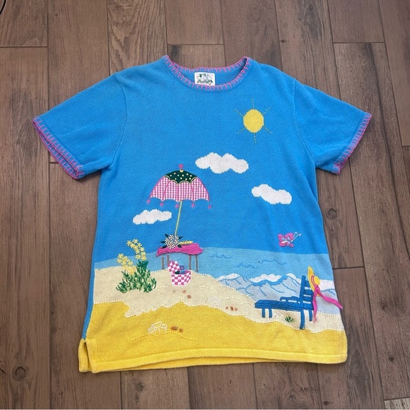 Quacker Factory Beach Scene Sweater - Blue and Yellow - Picture 1 of 9